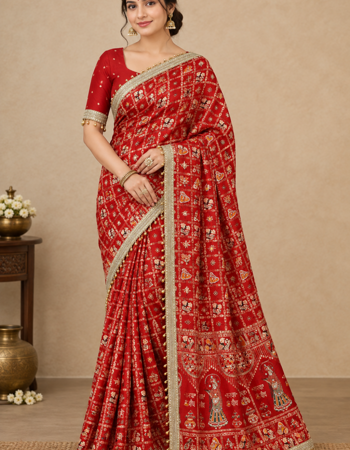 Red Dola Viscose Silk Meena Saree with Handwork, Mirror Work & Heavy Border